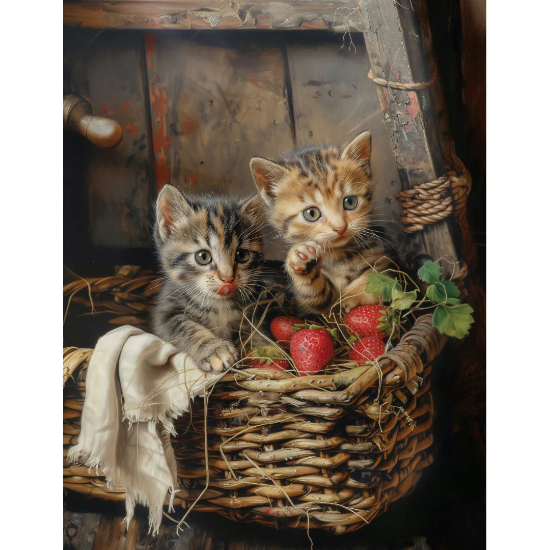 Poster Chatons dans un panier en osier et des fraises