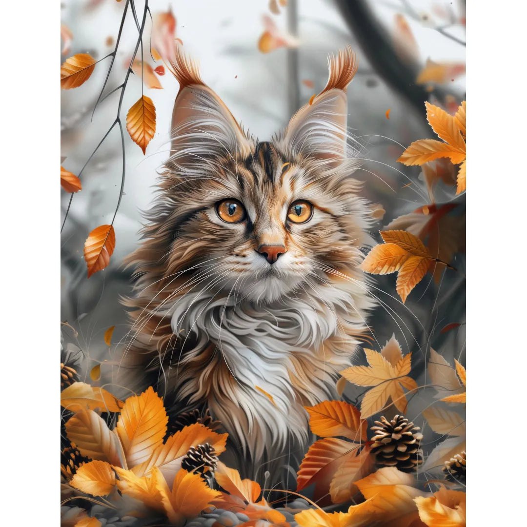 Portrait de chat coon principal dans les feuilles d'automne Poster