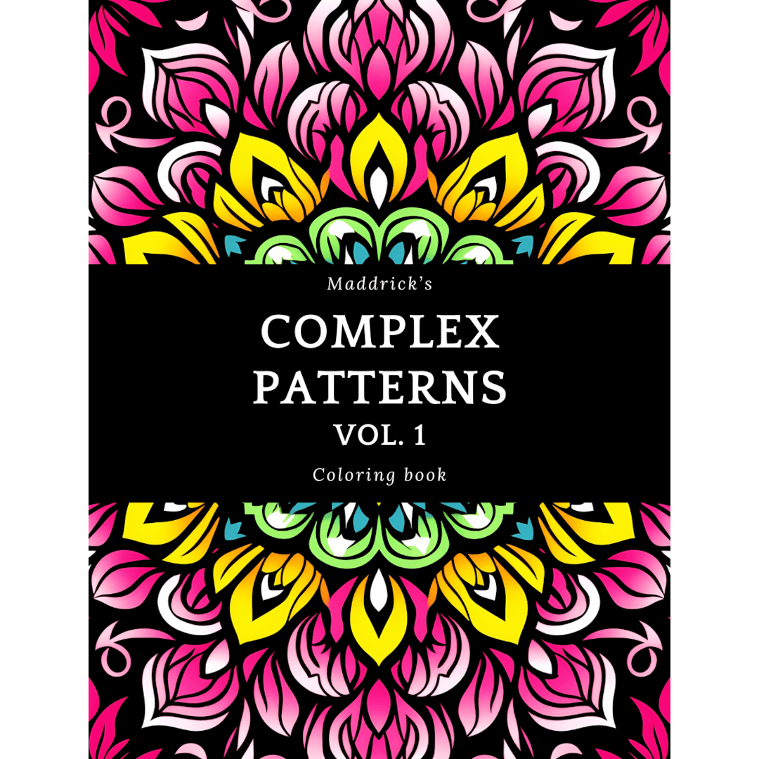 Cover of Maddrick's complex patterns vol. 1. The cover is a full-page mandala in pink, white, yellow, green and blue. The title is in the middle in white over a black band.