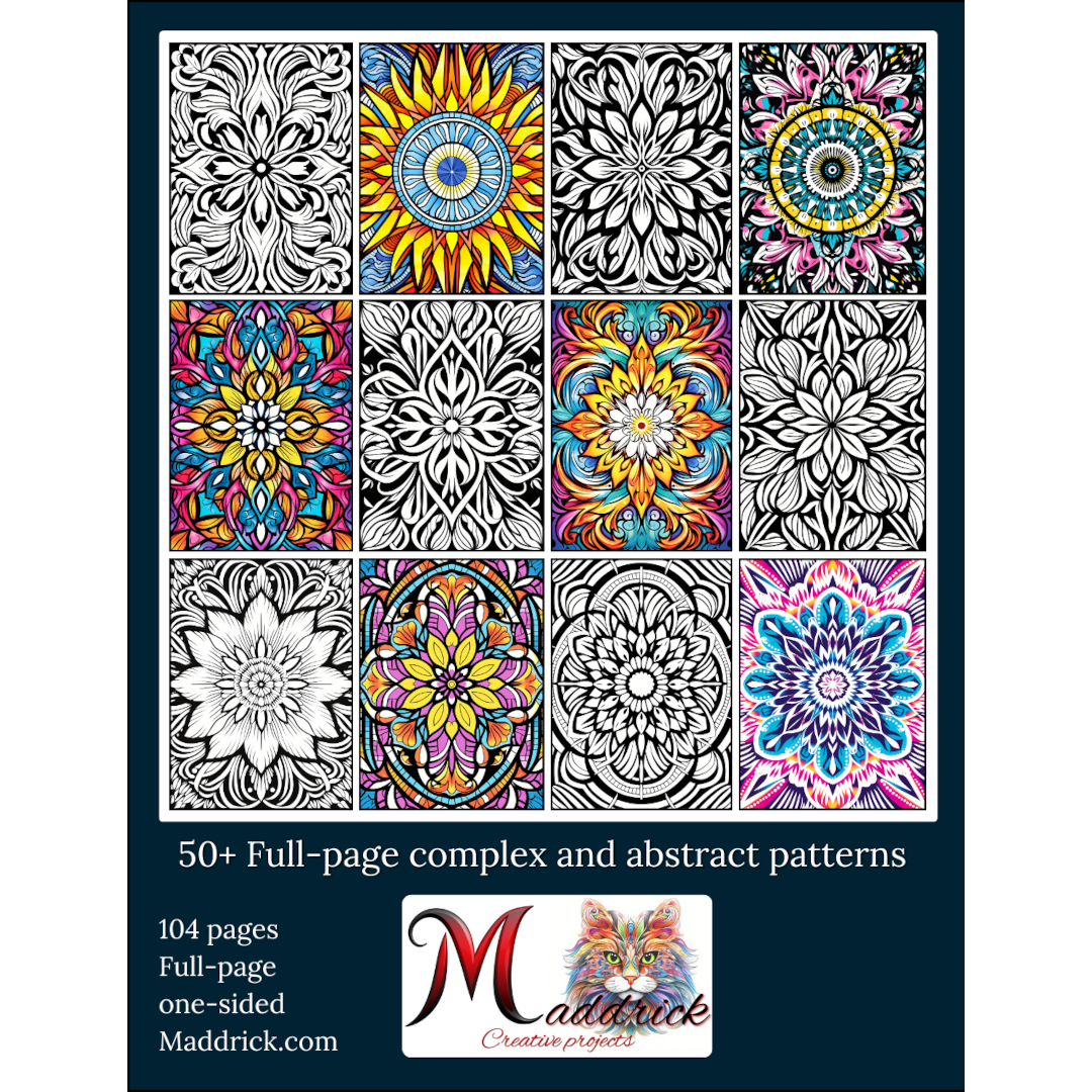 Back cover of Maddrick's coloring book. 12 samples full-page mandalas, 6 black and white and 6 in colors. The test says 50+ Full-page complex and abstract patterns.