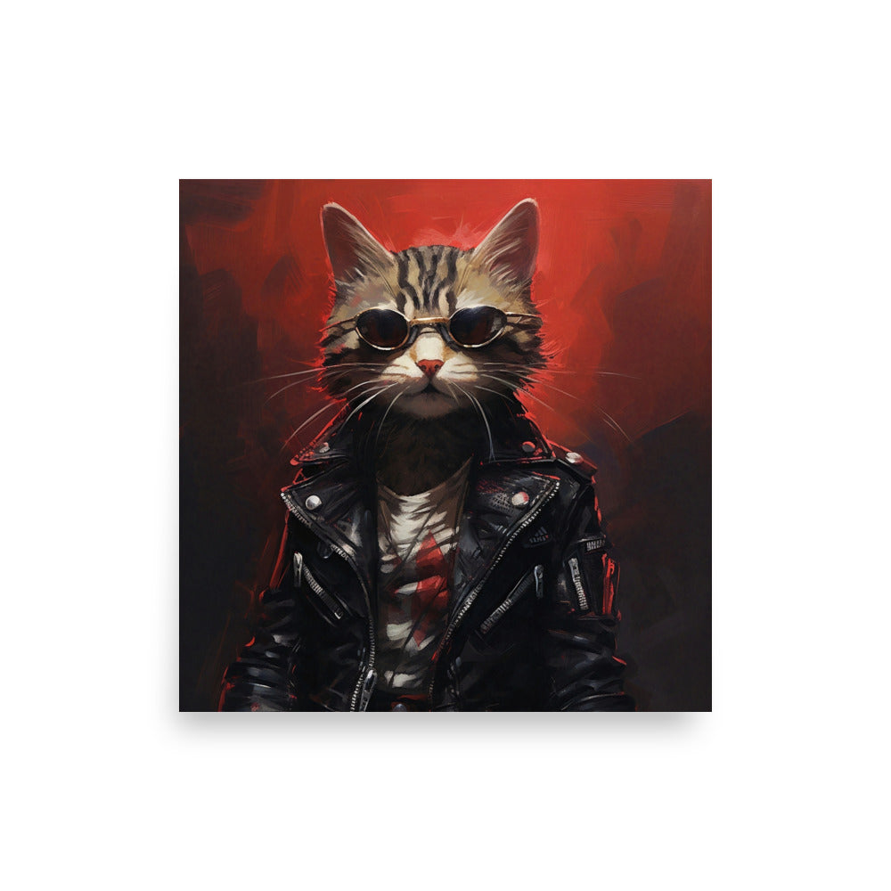 Chat Cyberpunk avec veste en cuir noir Poster
