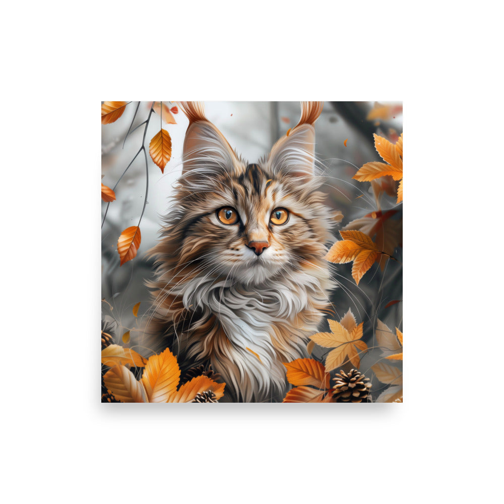 Portrait de chat coon principal dans les feuilles d'automne Poster
