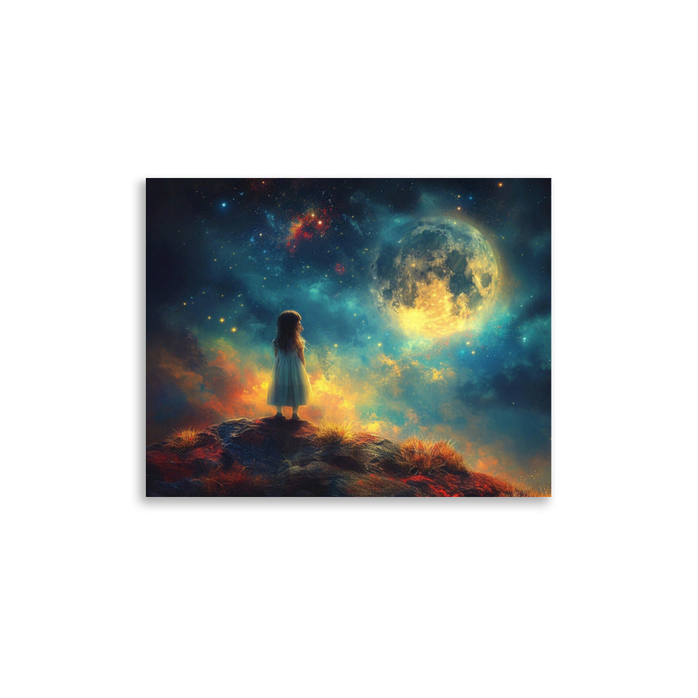 Petite fille souhaitant sous les étoiles et la pleine lune - Poster