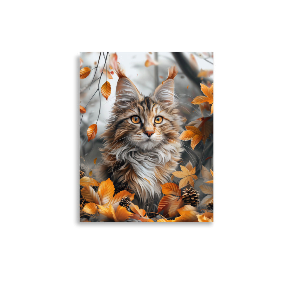 Portrait de chat coon principal dans les feuilles d'automne Poster