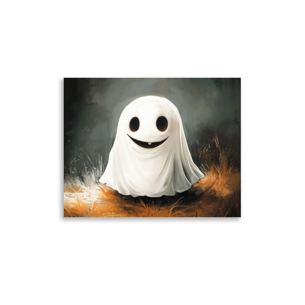Affiche d'un mignon fantôme souriant dans l'herbe jaune
