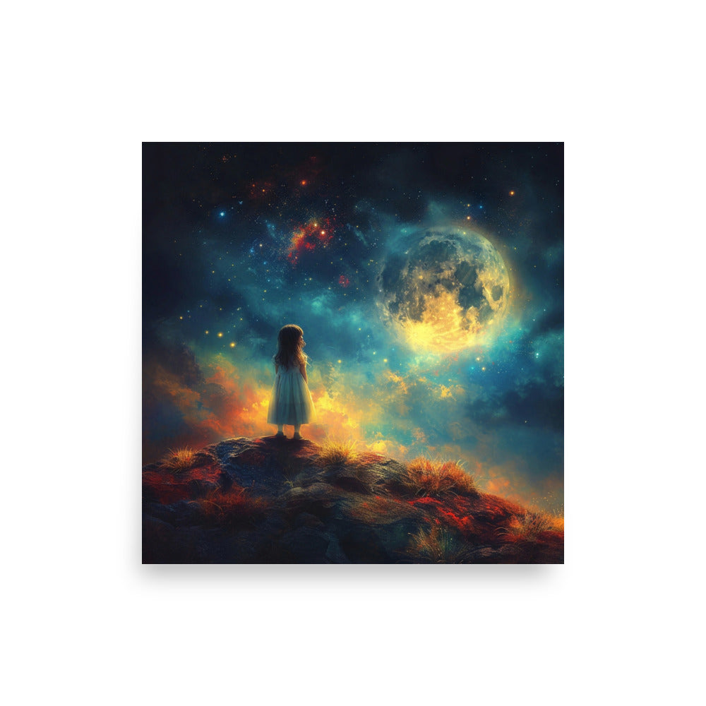 Petite fille souhaitant sous les étoiles et la pleine lune - Poster