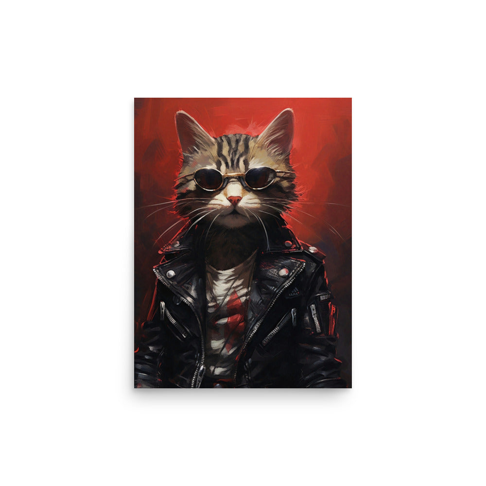 Chat Cyberpunk avec veste en cuir noir Poster