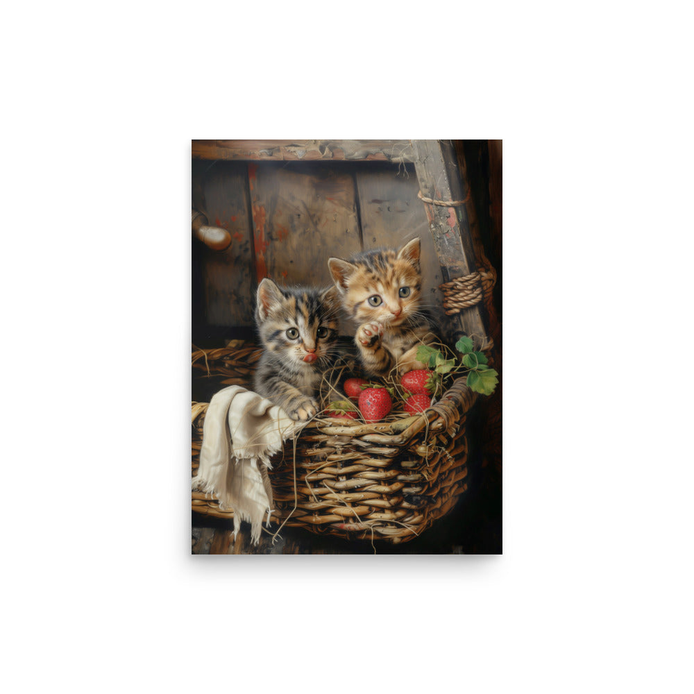 Poster Chatons dans un panier en osier et des fraises