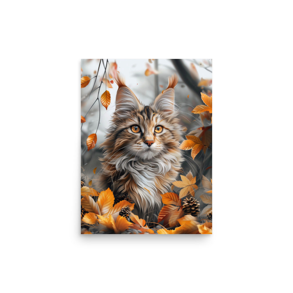 Portrait de chat coon principal dans les feuilles d'automne Poster