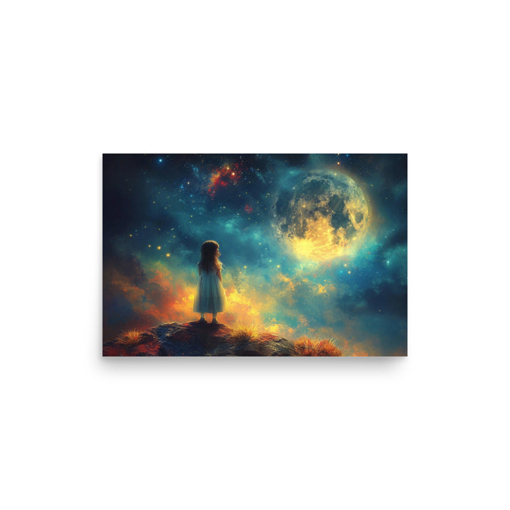 Petite fille souhaitant sous les étoiles et la pleine lune - Poster