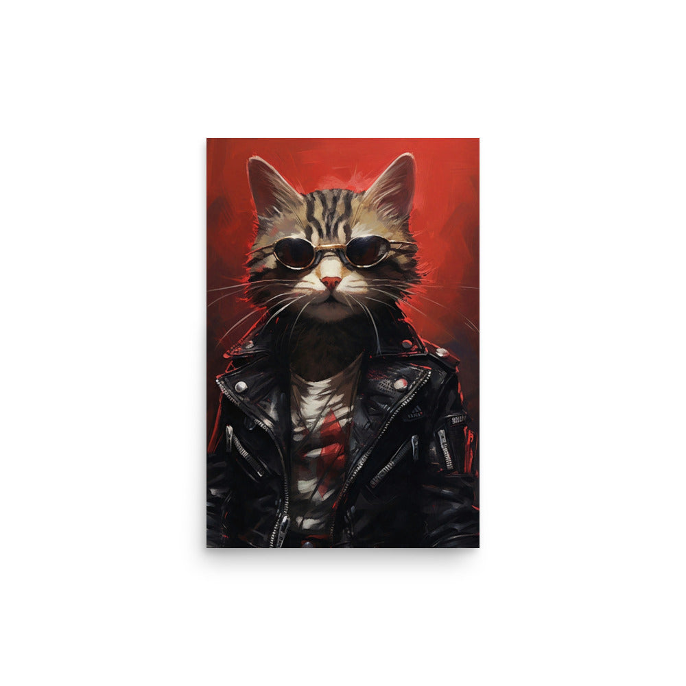 Chat Cyberpunk avec veste en cuir noir Poster