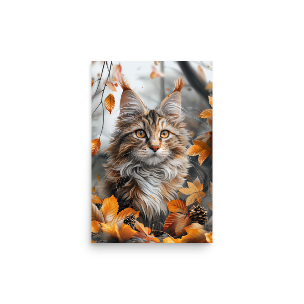 Portrait de chat coon principal dans les feuilles d'automne Poster