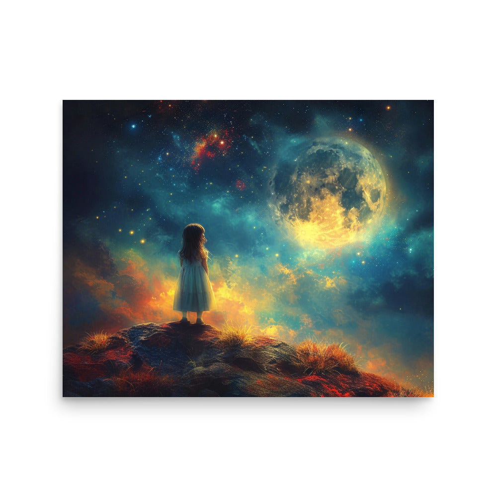 Petite fille souhaitant sous les étoiles et la pleine lune - Poster