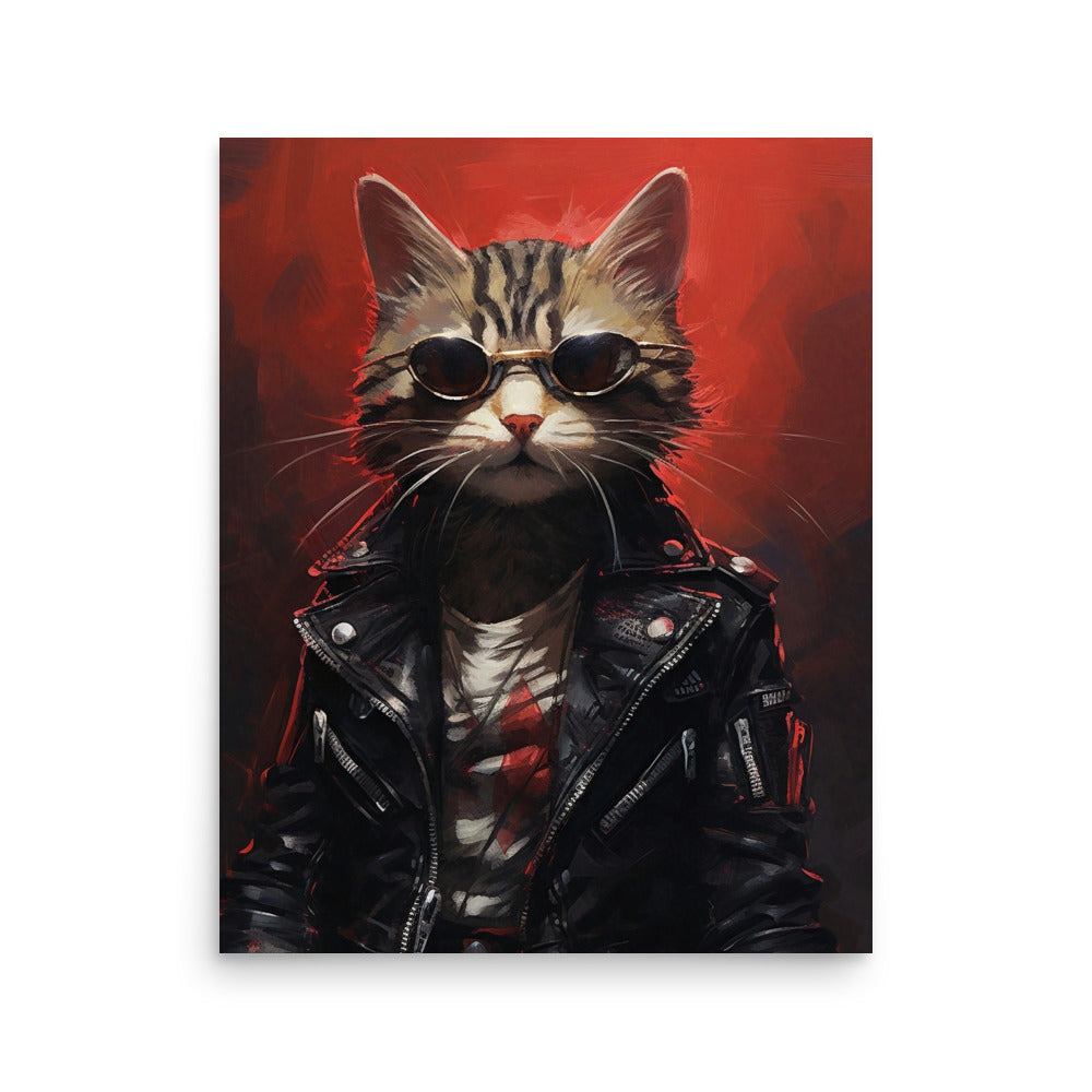 Chat Cyberpunk avec veste en cuir noir Poster