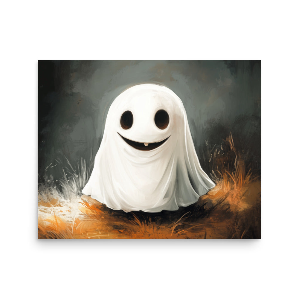 Affiche d'un mignon fantôme souriant dans l'herbe jaune