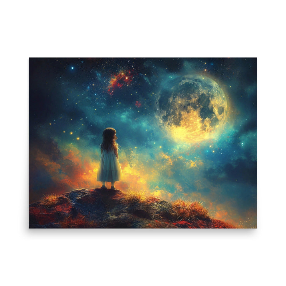Petite fille souhaitant sous les étoiles et la pleine lune - Poster
