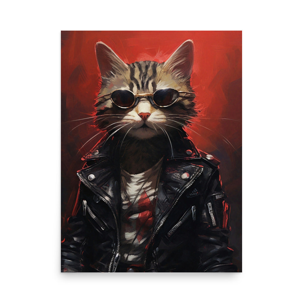 Chat Cyberpunk avec veste en cuir noir Poster