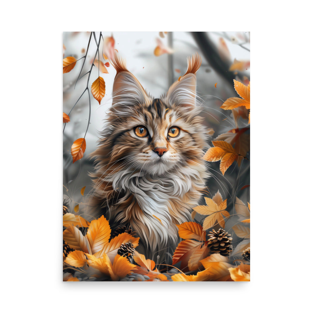 Portrait de chat coon principal dans les feuilles d'automne Poster
