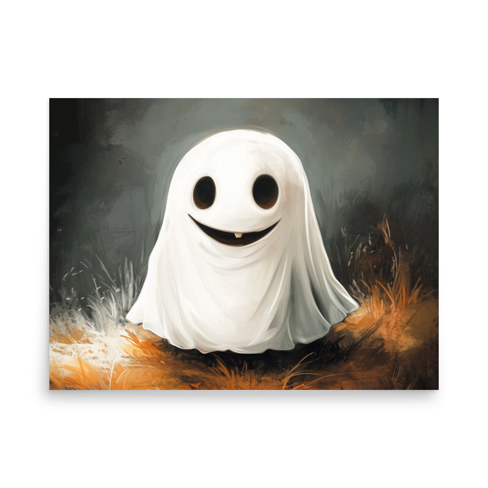 Affiche d'un mignon fantôme souriant dans l'herbe jaune