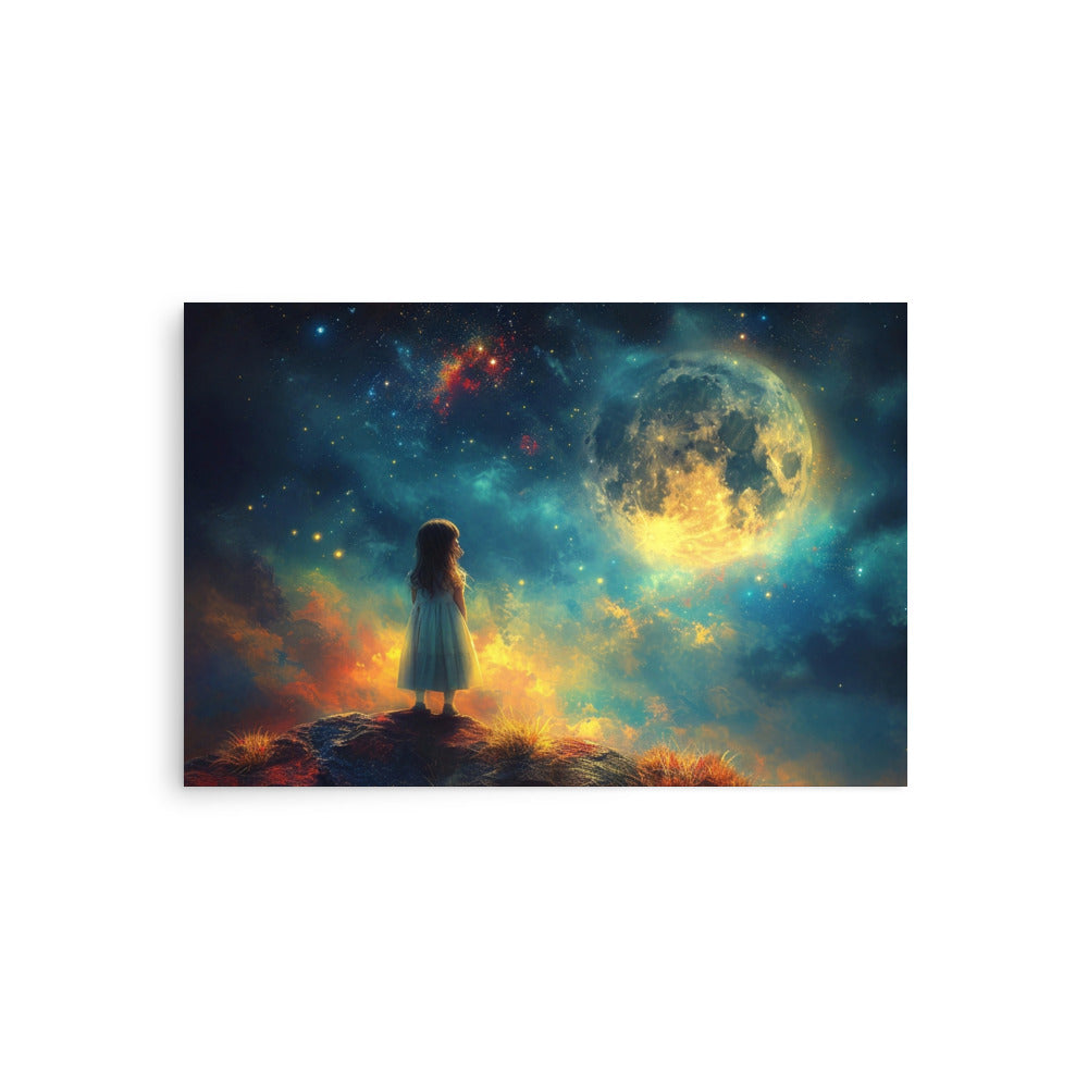 Petite fille souhaitant sous les étoiles et la pleine lune - Poster