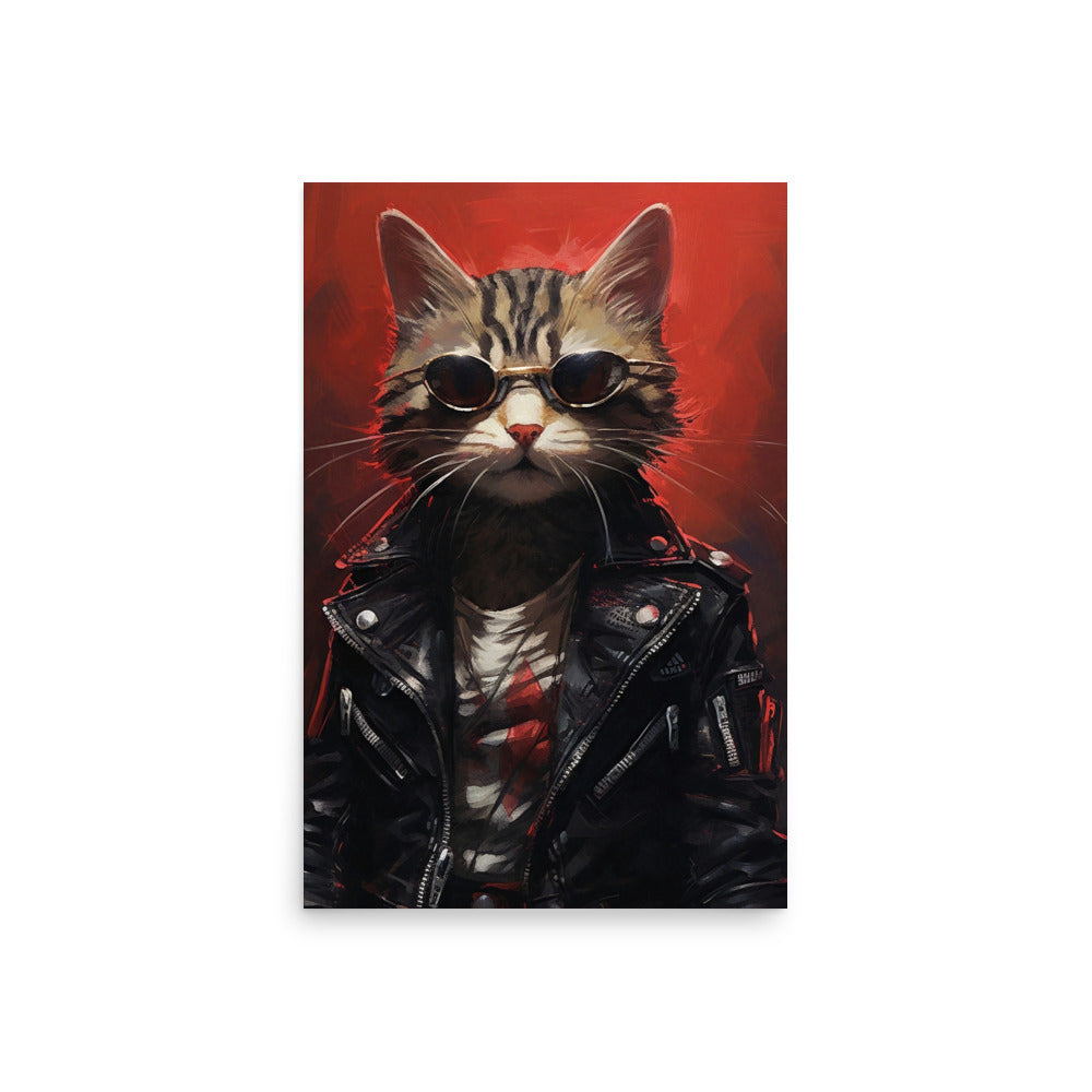 Chat Cyberpunk avec veste en cuir noir Poster