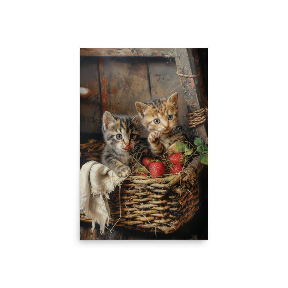 Poster Chatons dans un panier en osier et des fraises