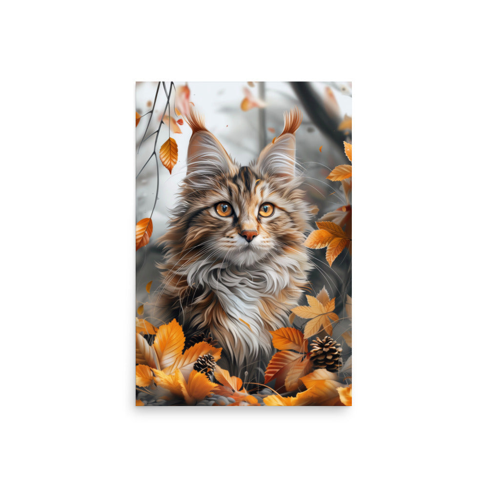 Portrait de chat coon principal dans les feuilles d'automne Poster