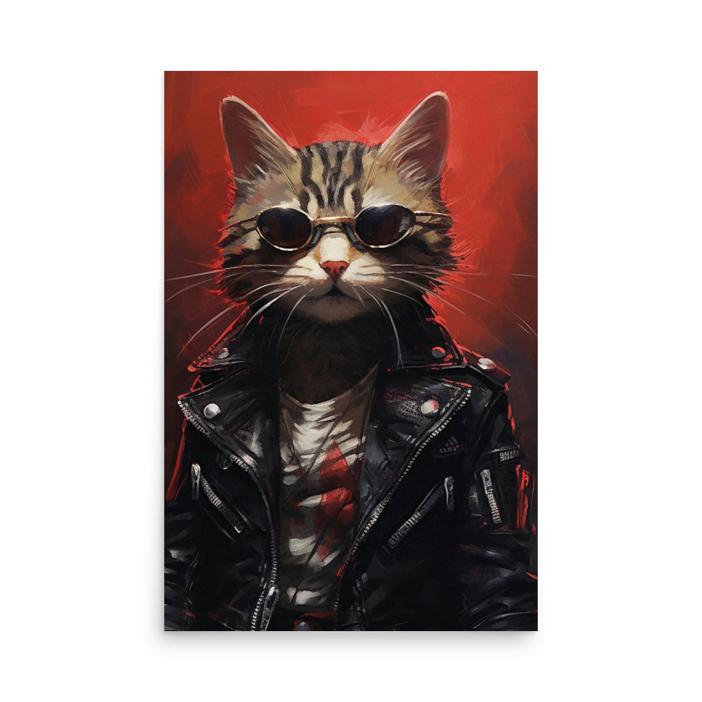 Chat Cyberpunk avec veste en cuir noir Poster
