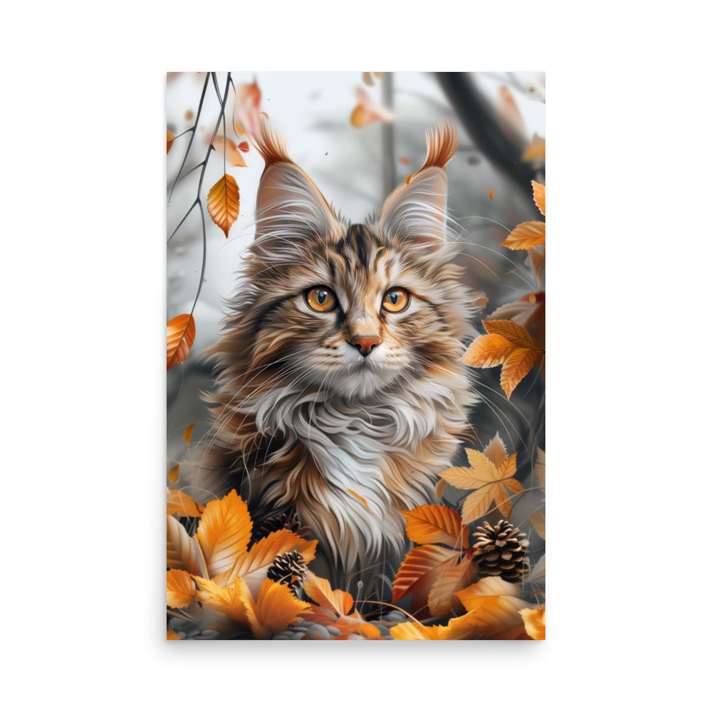 Portrait de chat coon principal dans les feuilles d'automne Poster