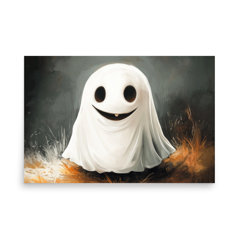 Affiche d'un mignon fantôme souriant dans l'herbe jaune