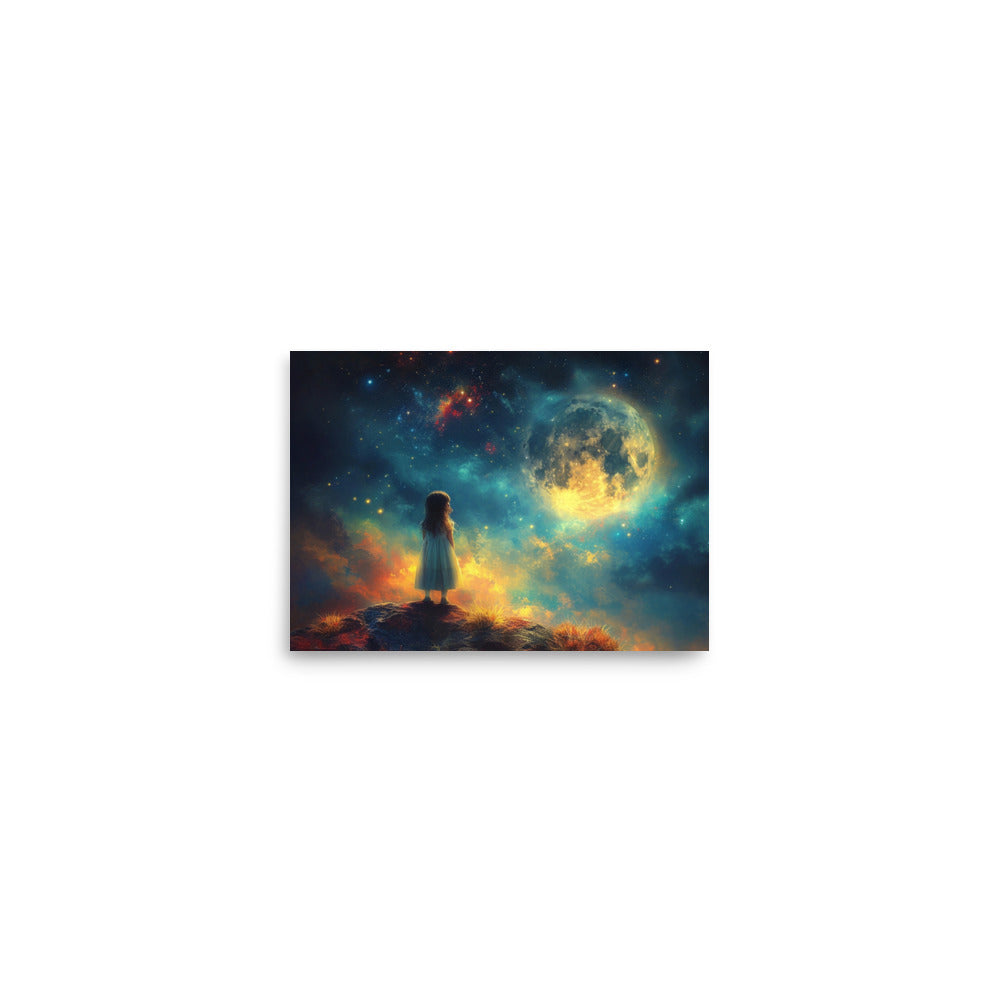 Petite fille souhaitant sous les étoiles et la pleine lune - Poster