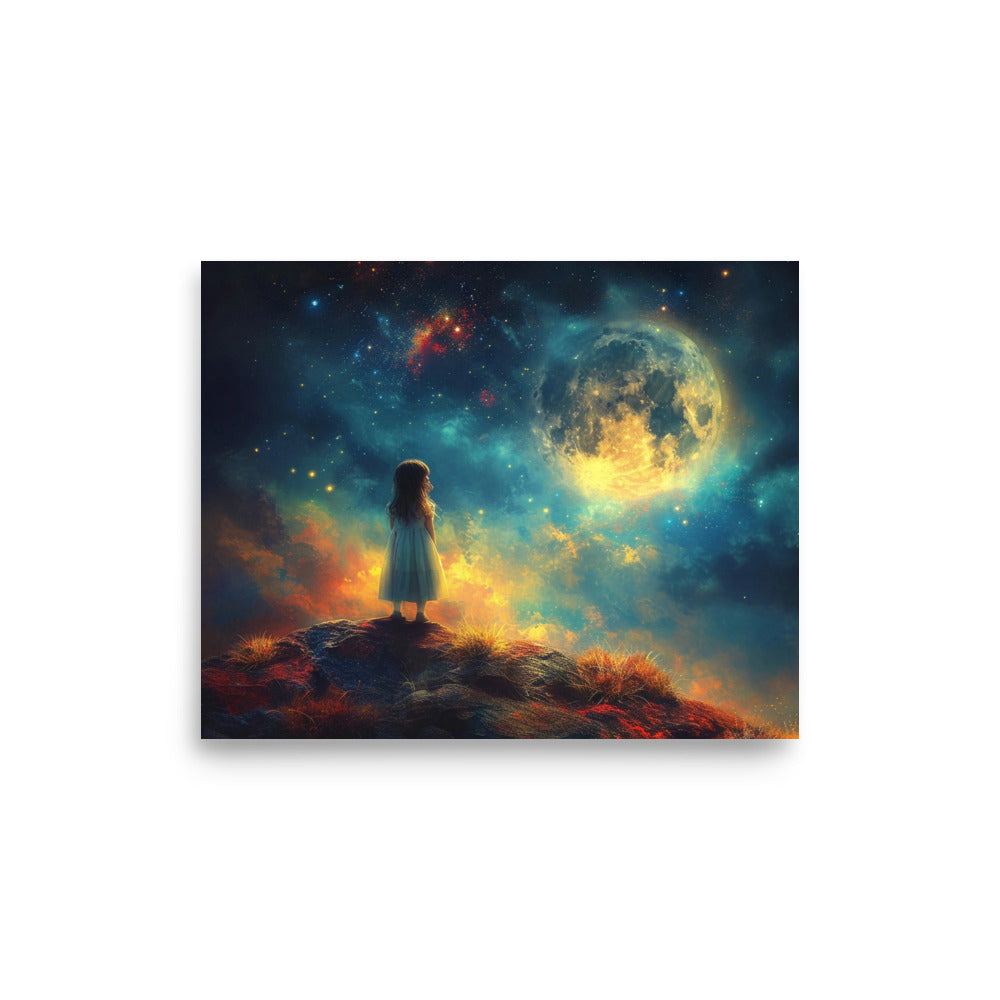 Petite fille souhaitant sous les étoiles et la pleine lune - Poster