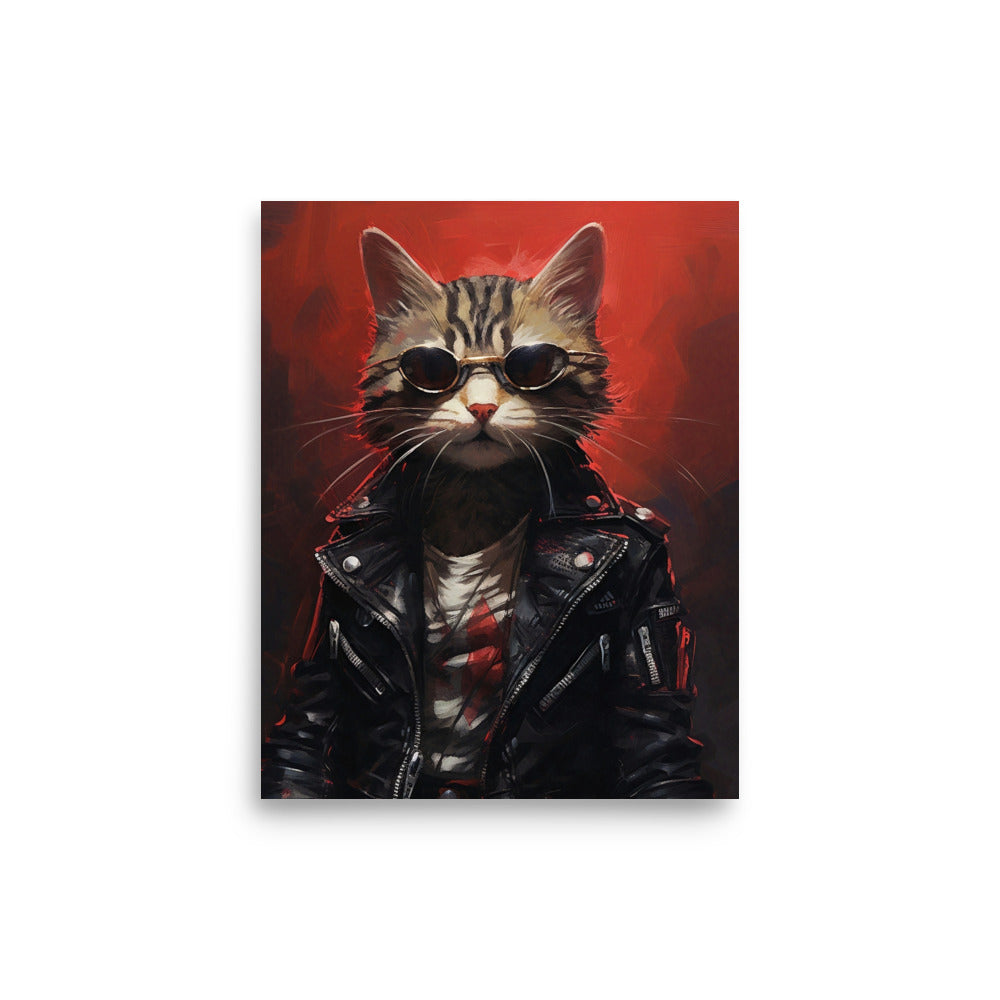 Chat Cyberpunk avec veste en cuir noir Poster