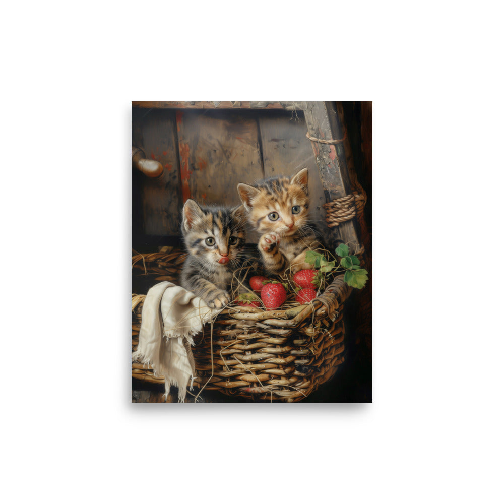 Poster Chatons dans un panier en osier et des fraises