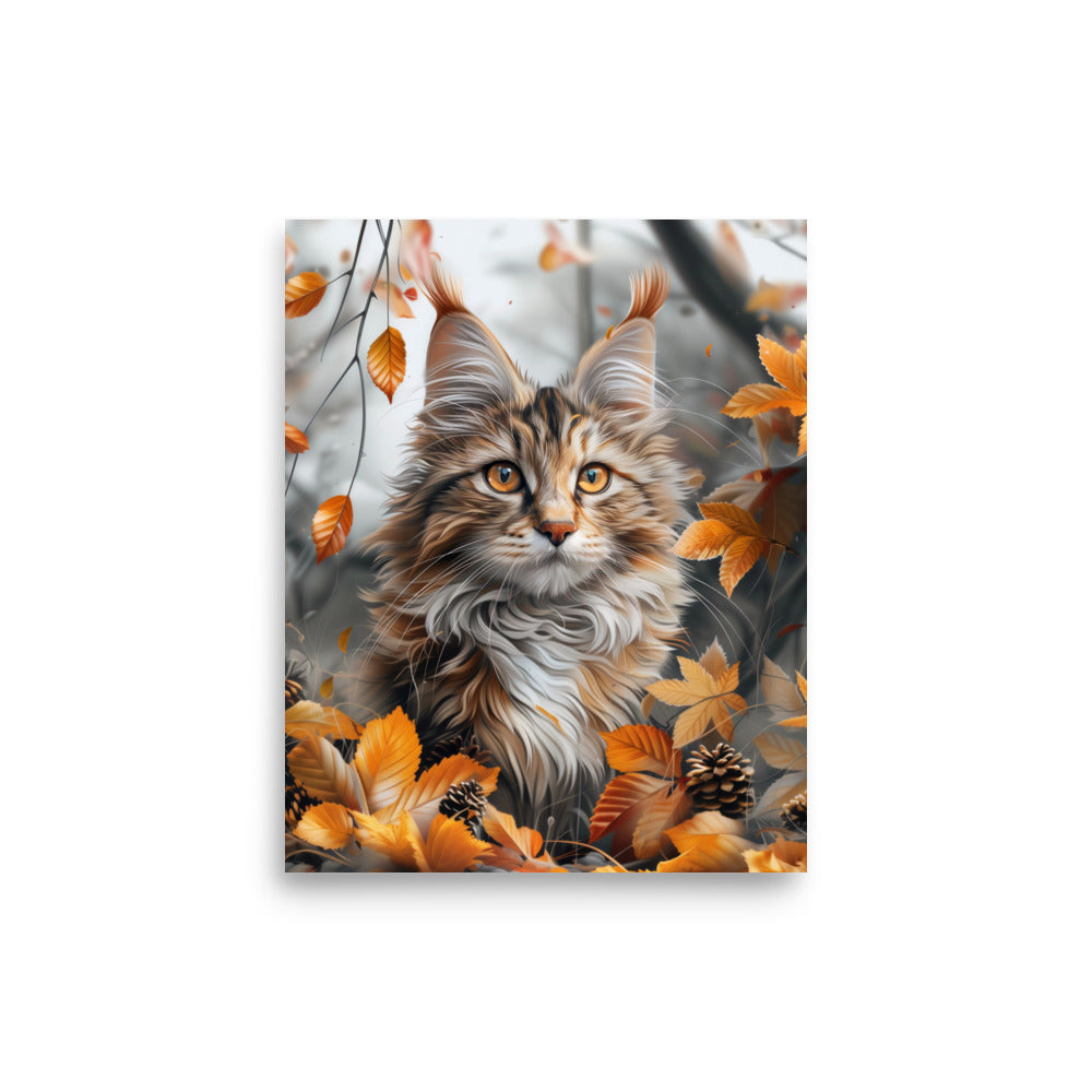 Portrait de chat coon principal dans les feuilles d'automne Poster