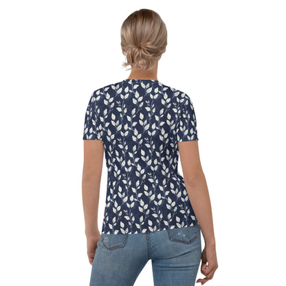 T-shirt Femme Feuilles bleu profond et blanc