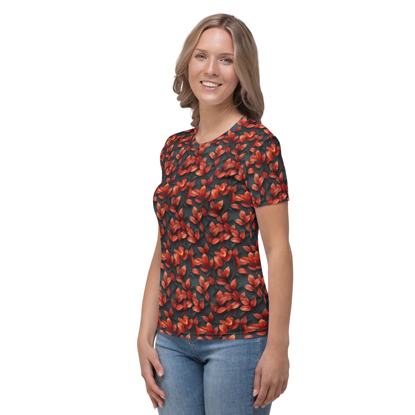 Feuilles rouges sur T-shirt Femme gris foncé
