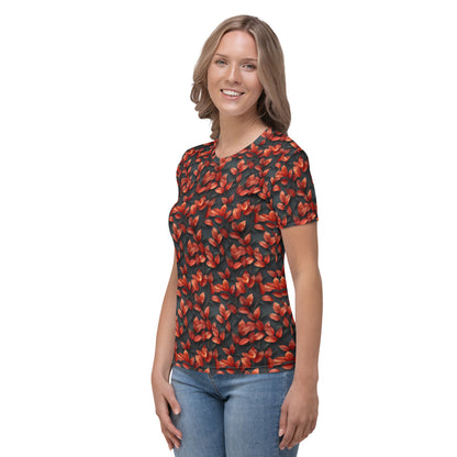 Feuilles rouges sur T-shirt Femme gris foncé