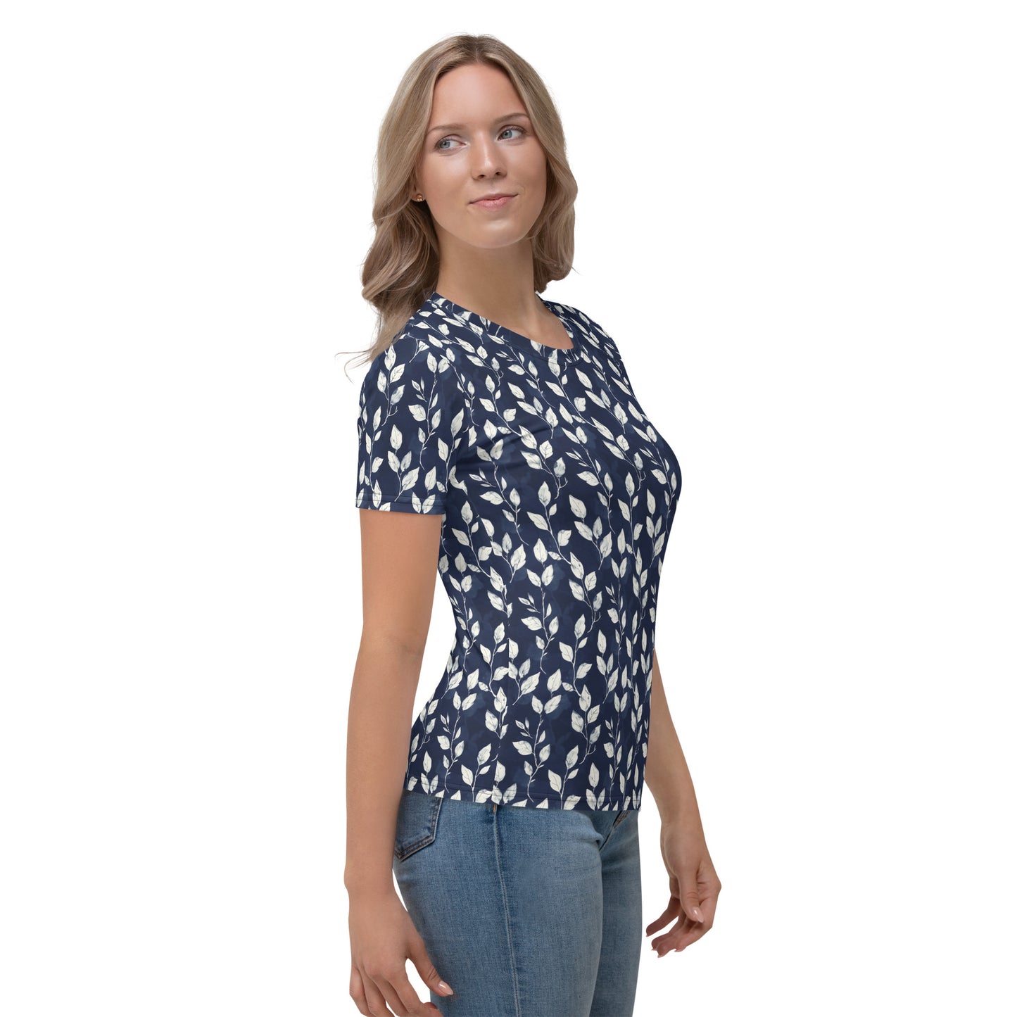 T-shirt Femme Feuilles bleu profond et blanc