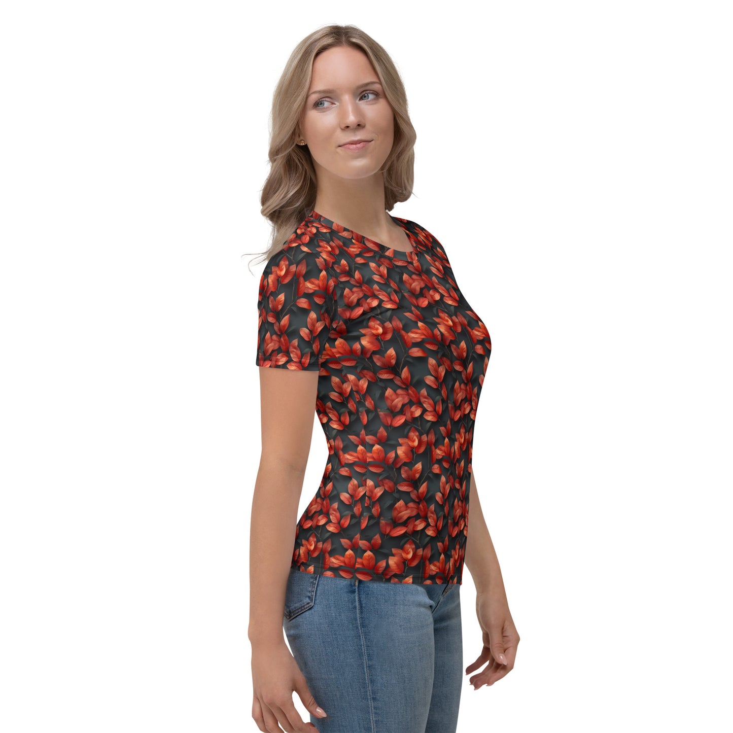 Feuilles rouges sur T-shirt Femme gris foncé